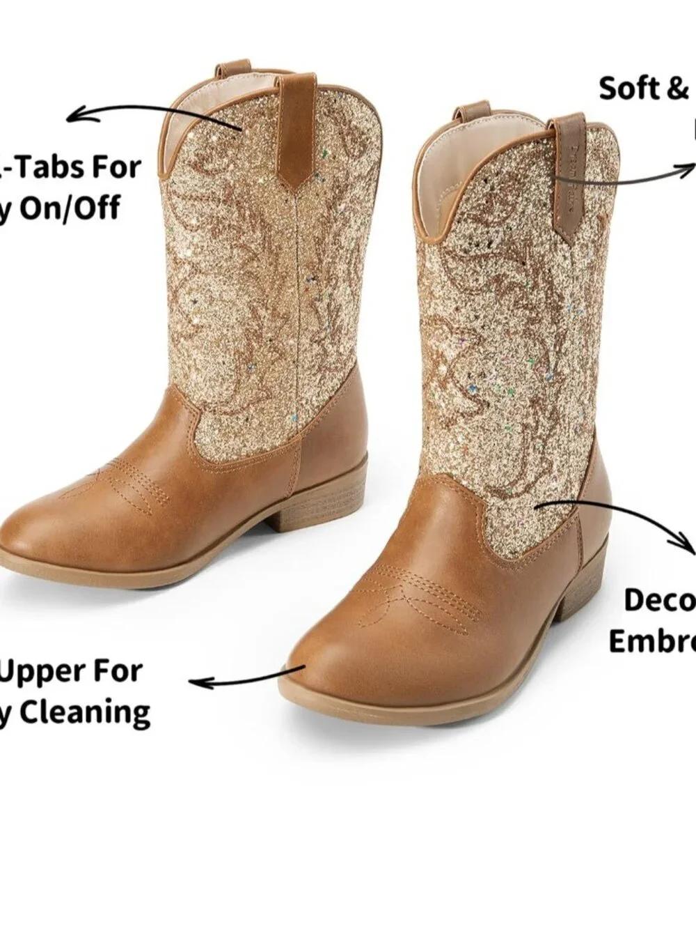 Dream Pairs Girls/Brown Gold  Embroidered Cowgirl Stylish Girls Mid Calf Shoes